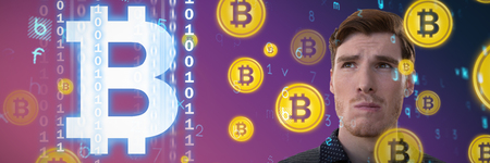 Businessman thinking against pink and purple colors backgroundの写真素材