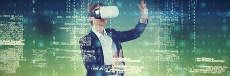 Happy businesswoman working with VR against green and blue background