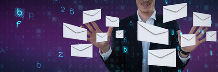 Businessman presenting against purple and pink backgroundの写真素材