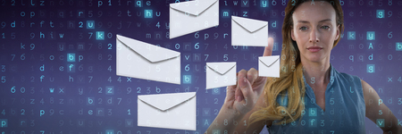 Businesswoman presenting against gray and purple backgroundの写真素材