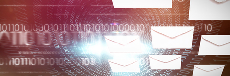 Graphic of Envelopes on white background against spiral of shiny binary codeの写真素材