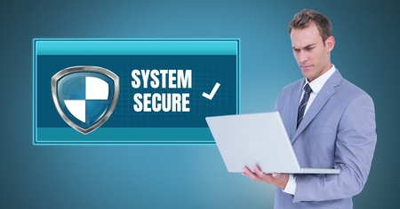Digital composite of Antivirus security protection shield with man holding laptop