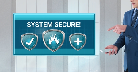 Digital composite of Antivirus security protection shields with system secure text
