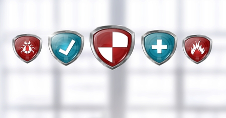 Digital composite of Antivirus security protection shields and windows backgroundの写真素材