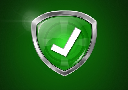 Digital composite of Correct tick security protection shield and green backgroundの写真素材