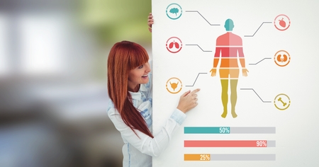 Digital composite of Human body chart and statistic bar charts with woman holding cardの写真素材