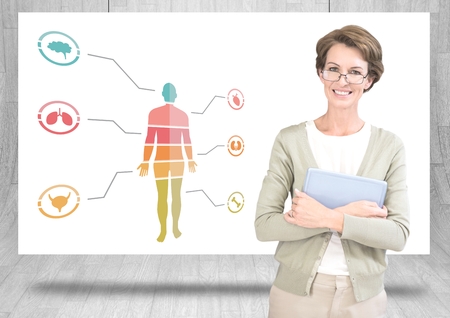 Digital composite of Educational human body chart on hanging card with teacherの写真素材