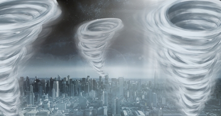 Digital composite of Tornado twisters painted and dark city sky