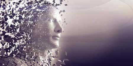 Close-up of digitally generated gray pixelated 3d manの写真素材