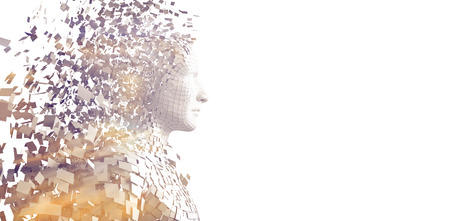 Profile view of digitally generated pixelated 3d man