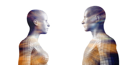 Profile view of digital gray 3D woman against side view of gray 3d man