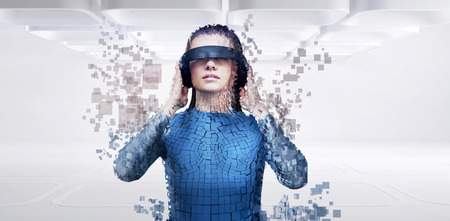 Digital composite of woman with a virtual reality simulator against close-up of pixelated gray 3d...