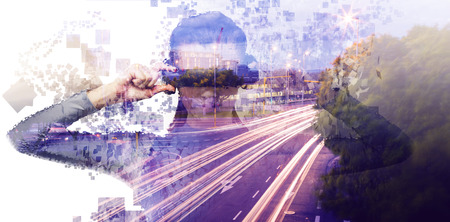Digital composite of woman with an augmented reality simulator against composite gray pixelated 3d...