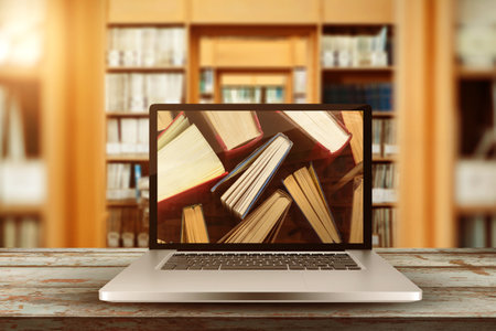 Laptop with with screen against library