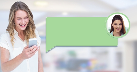 Digital composite of Woman using phone with chat bubble messaging profileの写真素材