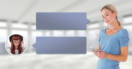 Digital composite of Woman using phone with chat bubble messaging profileの写真素材