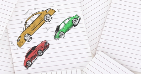 Digital composite of Sketch of cars hand drawing on sheet of paperの写真素材