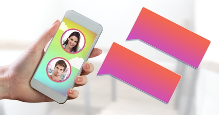 Digital composite of Messaging App on phone in hand with chat profilesの写真素材