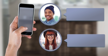 Digital composite of Messaging App on phone in hand with chat profilesの写真素材