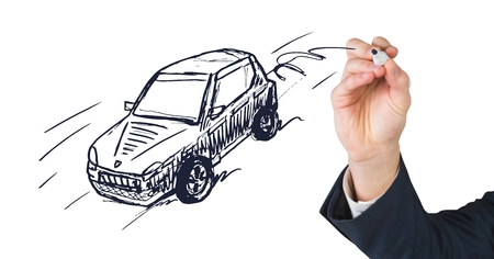 Digital composite of Sketch of car and hand drawingの写真素材