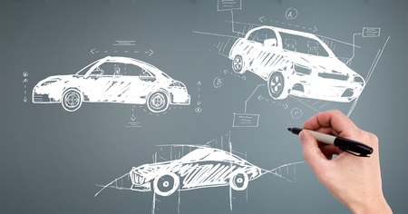 Digital composite of Sketch of cars and hand drawingの写真素材
