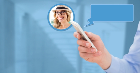 Digital composite of Messaging App on phone in hand with chat profile