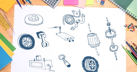 Digital composite of Sketch of mechanical car parts hand drawingの写真素材