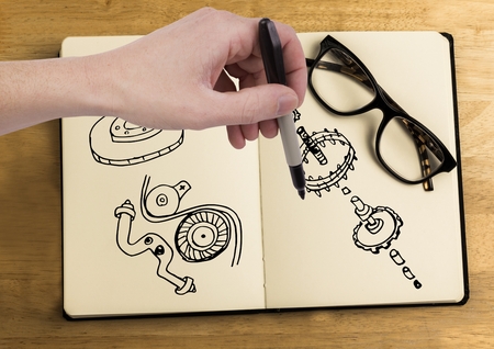 Digital composite of Sketch of mechanical elements and hand drawingの写真素材