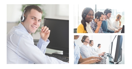 Digital composite of Collage of Customer Service help team in call centerの写真素材