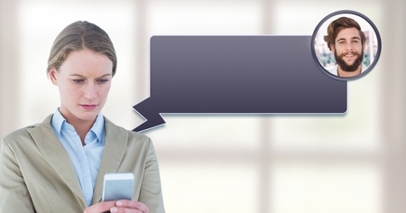 Digital composite of Woman using phone with chat bubble messaging profile