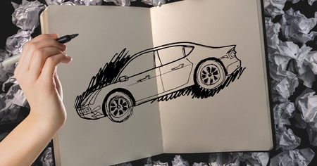 Digital composite of Sketch of car and hand drawingの写真素材