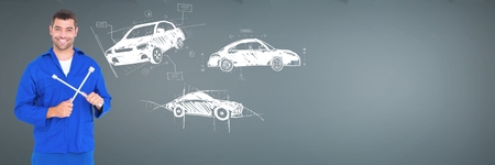 Digital composite of Mechanic with sketch of cars hand drawingの写真素材