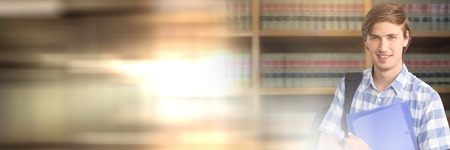 Digital composite of Student man in education library with transitionの写真素材