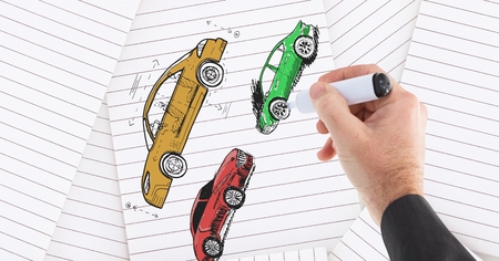 Digital composite of Sketch of cars and hand drawingの写真素材