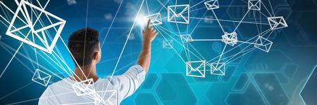 Digital composite of composite of man touching digital e-mail sign