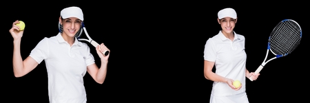 Digital composite of Happy female tennis player on black backgroundの写真素材