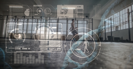 Digital composite of Composite image of training man with digital files and health symbolsの写真素材