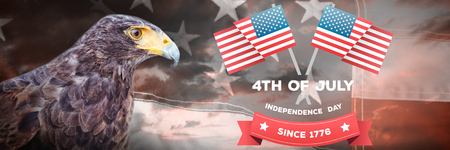 Independence day graphic against close-up of red and white american flagの写真素材