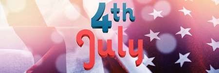 Independence day graphic against close-up of crumbled american flagの写真素材
