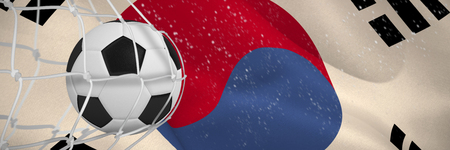 Soccer ball in goal net against korea republic flag wavingの写真素材