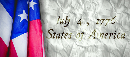 Creased US flag against crumpled white pageの写真素材