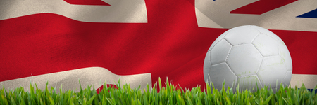 White leather football with grass stains against close-up of grass matの写真素材