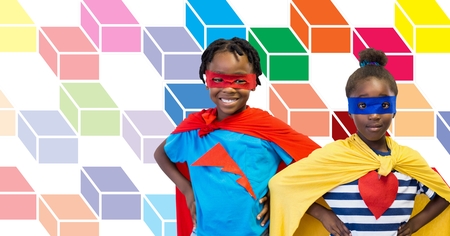Digital composite of Superhero children with colorful geometric pattern