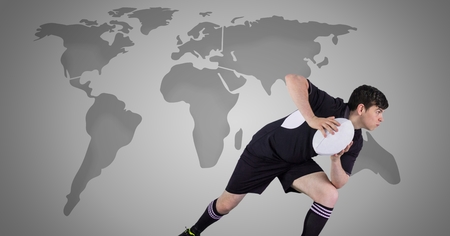 Digital composite of Rugby player with world mapの写真素材