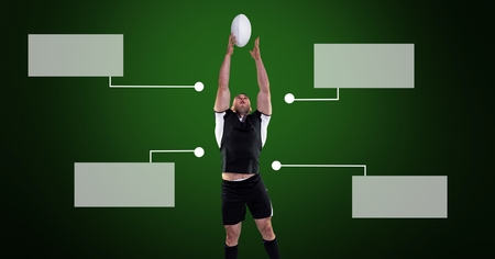 Digital composite of Rugby player jumping with blank infographic chart panelsの写真素材