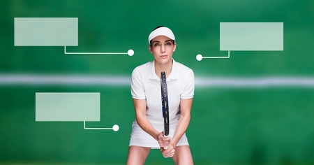 Digital composite of Tennis player woman with blank infographic chart panelsの写真素材