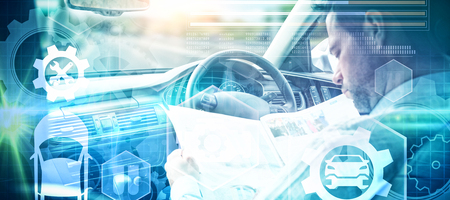 Composite image of tools and car against man sitting in car and looking at road map