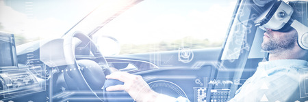 Digital interface against man behind the wheel wearing a virtual reality helmet