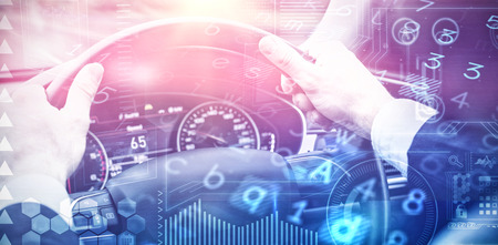Virus background against close-up of steering wheel