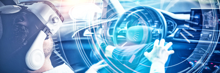 Interfaces dial in dark blue background with light blue radiance  against man behind the wheel...